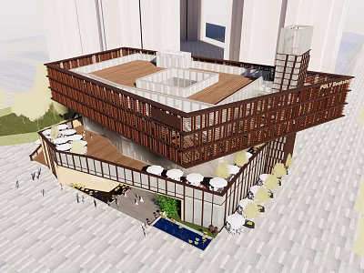 Modern Sales Office Building With Wooden Structure Outdoor Seating And Green Plants 3d model