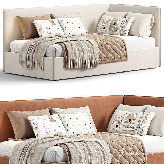 Soft Upholstered Children's Bed With Cartoon Pattern Pillows And Cozy Beige Blanket 3d model 