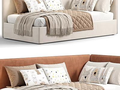 Soft Upholstered Children's Bed With Cartoon Pattern Pillows And Cozy Beige Blanket 3d model
