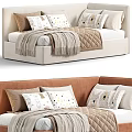 Soft Upholstered Children's Bed With Cartoon Pattern Pillows And Cozy Beige Blanket