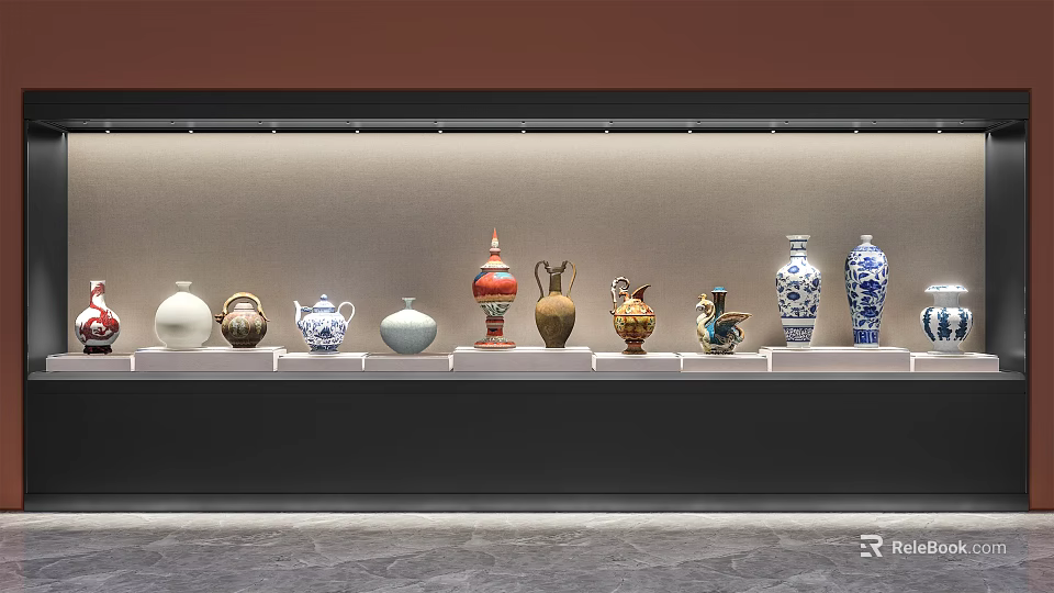 Traditional Ceramic Vessels On Display Shelf With Various Shapes And Patterns 3d model