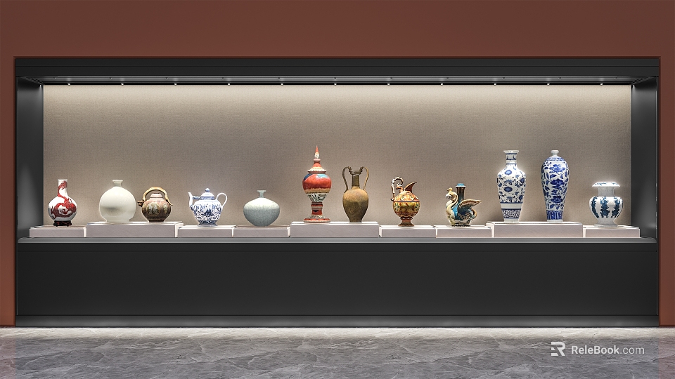 Traditional Ceramic Vessels On Display Shelf With Various Shapes And Patterns 3d model 