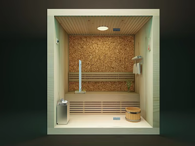 Cozy Shower Sauna Room With Wooden Walls Stove Bench And Wooden Bucket 3d model