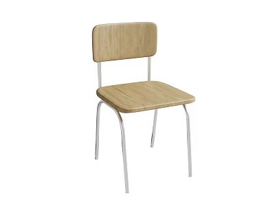 Simple Design Single Chair with Wooden Seat Backrest and Metal Legs 3d model