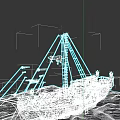 3D Warship Model With Masts Ladders And Deck Equipment On Blue Water Surface