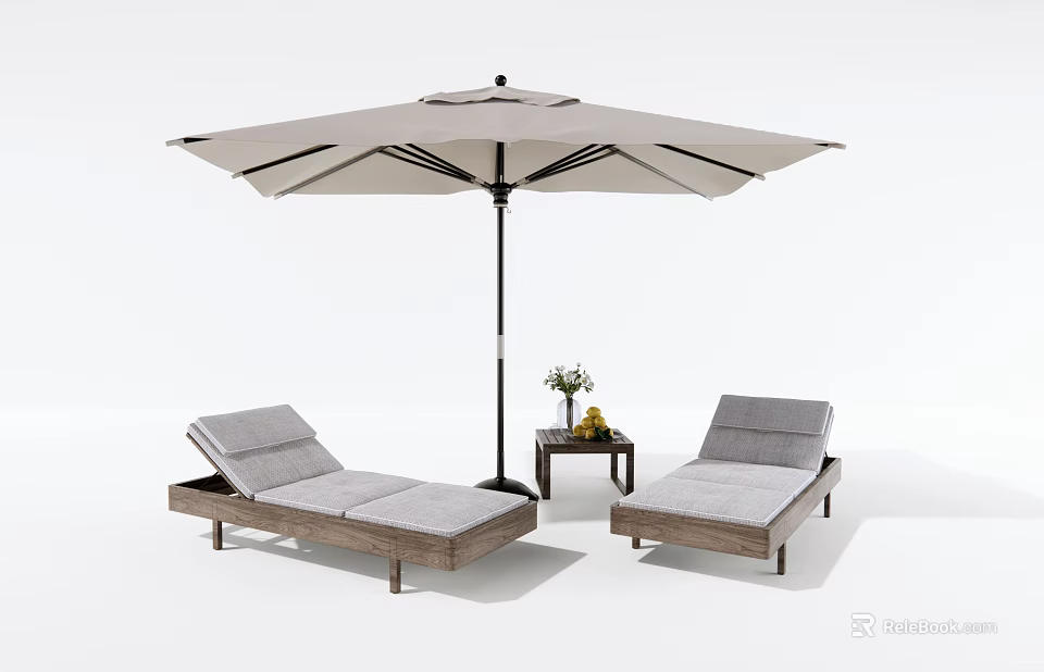 Outdoor Sun Loungers With Umbrella Side Table Flowers And Fruit 3d model 