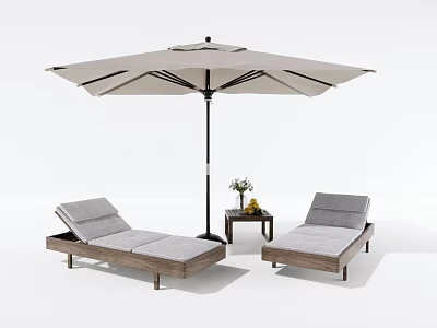 Outdoor Sun Loungers With Umbrella Side Table Flowers And Fruit 3d model