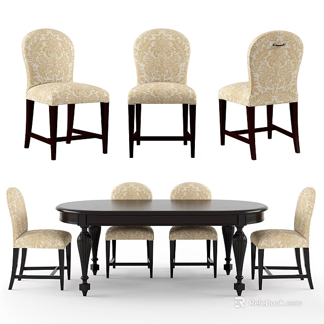 Dark Wood Oval Dining Table With Light Patterned Upholstered Chairs Set 3d model