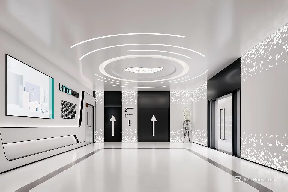 Modern Elevator Hallway Interior Design With Circular Lighting Arrow Signs And White Walls 3d model 