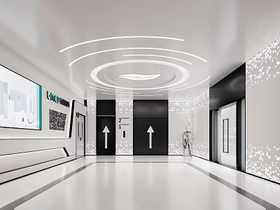 Modern Elevator Hallway Interior Design With Circular Lighting Arrow Signs And White Walls 3d model