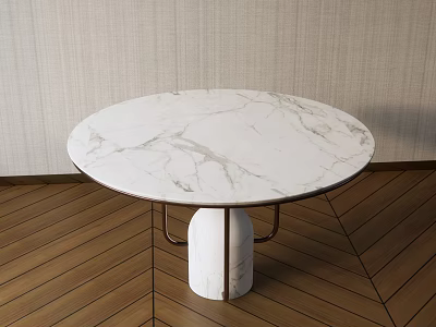 White Round Marble Top Coffee Table With Metal Base On Wooden Floor 3d model