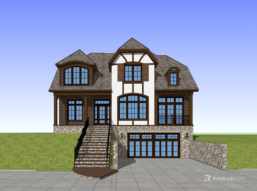 Detached Villa Exterior With Wooden White Walls Gabled Roof And Front Stairs 3d model 