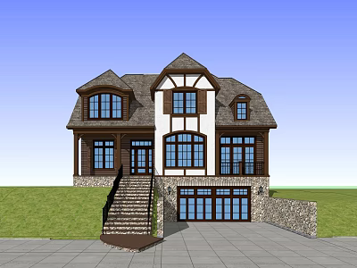Detached Villa Exterior With Wooden White Walls Gabled Roof And Front Stairs 3d model