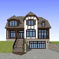 Detached Villa Exterior With Wooden White Walls Gabled Roof And Front Stairs