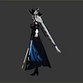 A Woman In Elegant Traditional Black Robe With Blue Ribbons And Decorative Headpiece
