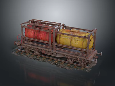 Rusty Train Car With Red And Yellow Oil Tanks On Rail Tracks 3d model