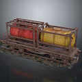 Rusty Train Car With Red And Yellow Oil Tanks On Rail Tracks