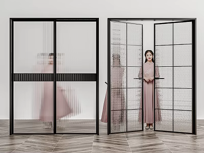Black Frame Glass Doors Grid Design And Woman In Pink Dress Behind Open Door 3d model