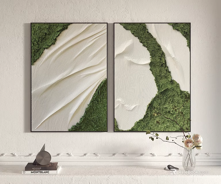 Two Panel Decorative Wall Art with Green Moss and White Wavy Texture 3d model