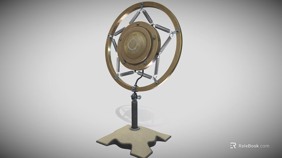 Vintage Microphone With Circular Wooden Frame And Metal Stand Base Design 3d model 