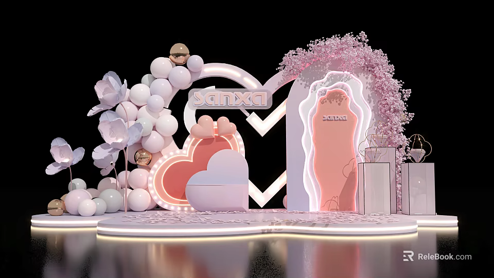 Romantic Illuminated Stage With Heart Shaped Decor Balloons And Pink Flowers 3d model 