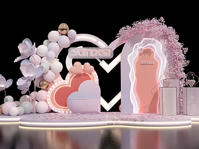 Romantic Illuminated Stage With Heart Shaped Decor Balloons And Pink Flowers 3d model