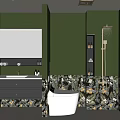 Modern Dark Green Bathroom Interior With Backlit Mirror Black Vanity White Toilet And Patterned Tiles