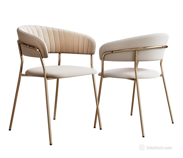 Modern Elegant Dining Chairs With Beige White Upholstery And Gold Metal Legs 3d model 