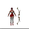 Fierce Female Game Character in Red White Outfit with Detailed Armor and Elaborate Bow