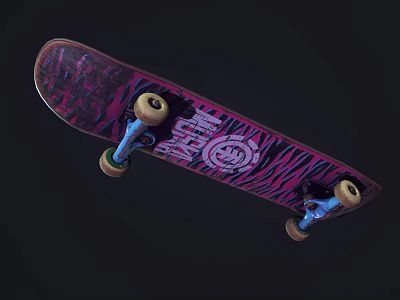 Sports Equipment Skateboard with Circular Logo Pink Black Graphics Blue Trucks and Beige Wheels 3d model