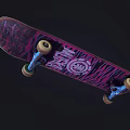 Sports Equipment Skateboard with Circular Logo Pink Black Graphics Blue Trucks and Beige Wheels