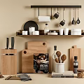 Organized Kitchen Shelf With Wooden Cutting Boards Knives Cups Bowls And Hanging Utensils