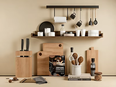 Organized Kitchen Shelf With Wooden Cutting Boards Knives Cups Bowls And Hanging Utensils 3d model