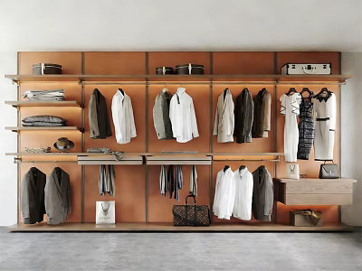 Wooden Walk in Closet Design With Hanging Shirts Coats And Storage Shelves 3d model