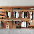 Wooden Walk in Closet Design With Hanging Shirts Coats And Storage Shelves