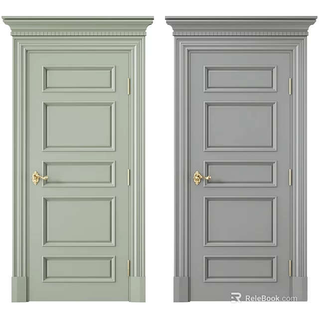 Light Green And Gray Swing Doors With Gold Handles And Panel Design 3d model