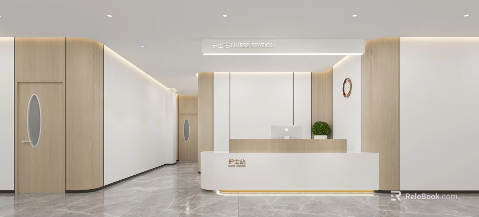 Modern Hospital Outpatient Clinic Reception Hall With White Reception Desk And Green Plant 3d model 