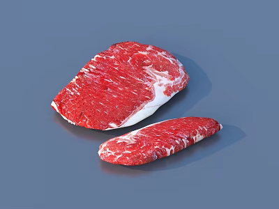 Two Pieces of Raw Beef with Red Meat and White Fat Marbling on Blue Background 3d model