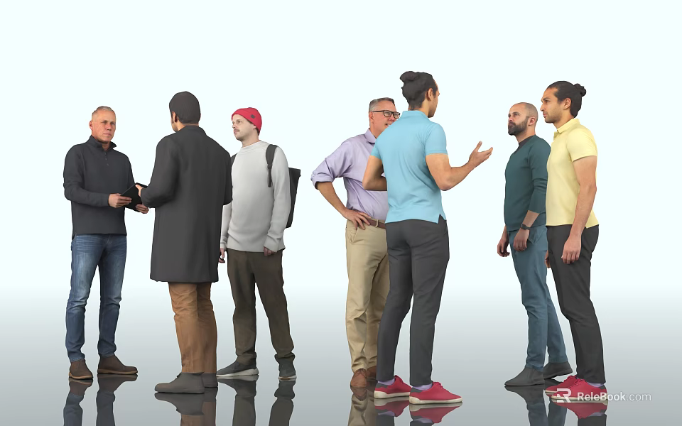 Diverse Group of Men Standing Together and Interacting in Casual Clothing 3d model 