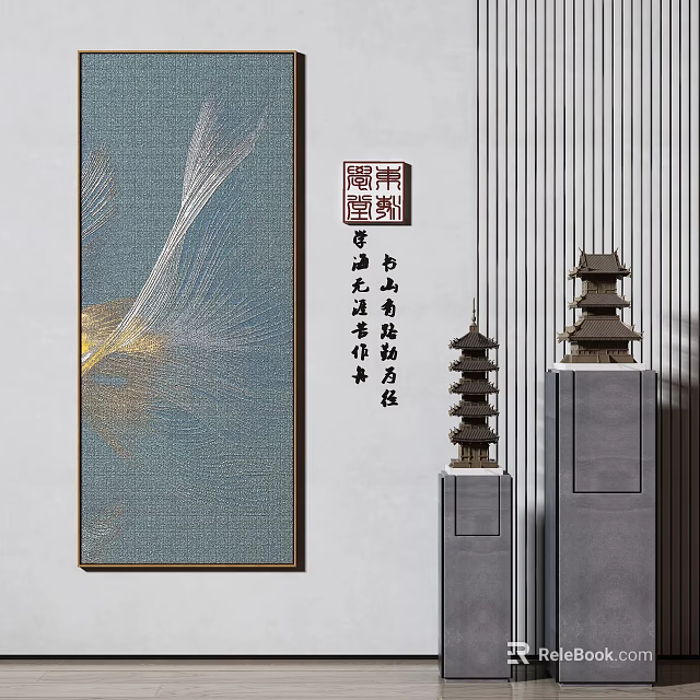 Chinese Traditional Decorative Setup With Wall Painting Calligraphy And Pagoda Statues 3d model 