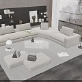 Modern Beige L-shaped Sofa with Ottoman and Marble Coffee Table Set in Living Room