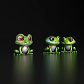 Three Adorable Green Frog Toys With Large Eyes On Black Background
