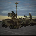 Military Functional Vehicles With Large Radar Antennas Parked On Open Ground With Soldiers Standing Nearby