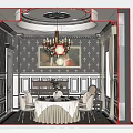Elegant Private Dining Box With Gold Black Patterned Wallpaper Chandelier Round Mirror And Dining Table