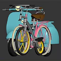Classic Blue Scooter Motorcycle With Pink And Black Bicycles And Reflections