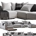 L Shaped Light Colored Casual Sofa Set With Plaid Pillows And Wooden Base