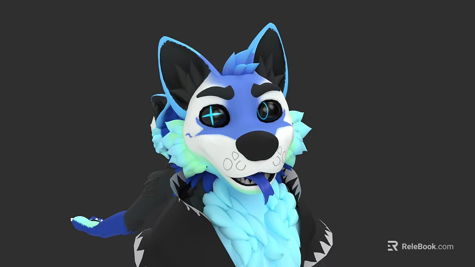 Blue And Black Anthropomorphic Wolf Character With Glowing Cross Eyes And Friendly Expression 3d model 