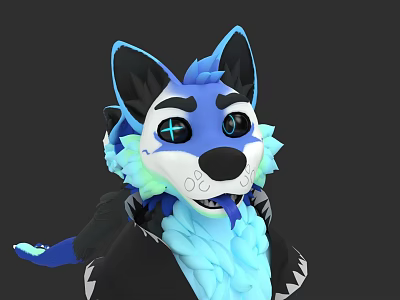 Blue And Black Anthropomorphic Wolf Character With Glowing Cross Eyes And Friendly Expression 3d model