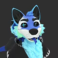Blue And Black Anthropomorphic Wolf Character With Glowing Cross Eyes And Friendly Expression