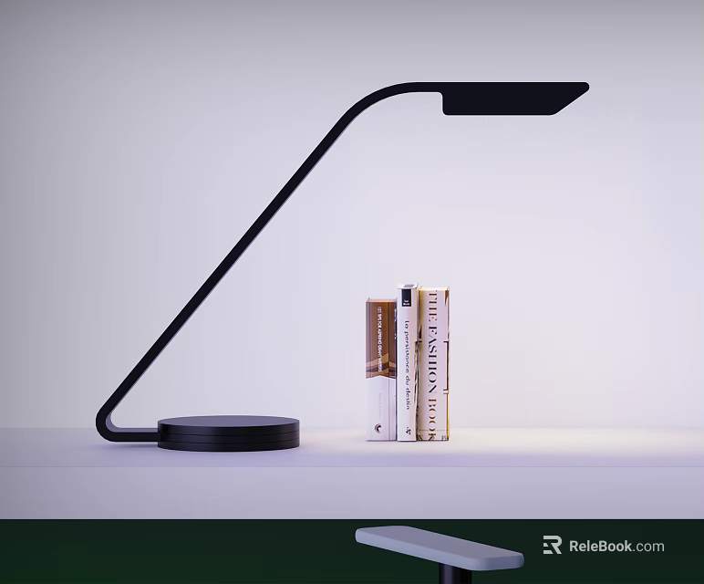 Modern Black Desk Lamp with Curved Arm Round Base and Books 3d model 